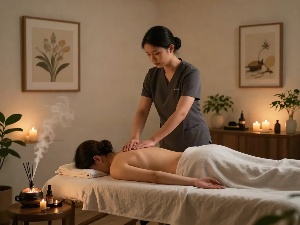 출장마사지 session in a serene wellness studio promoting relaxation and tranquility.