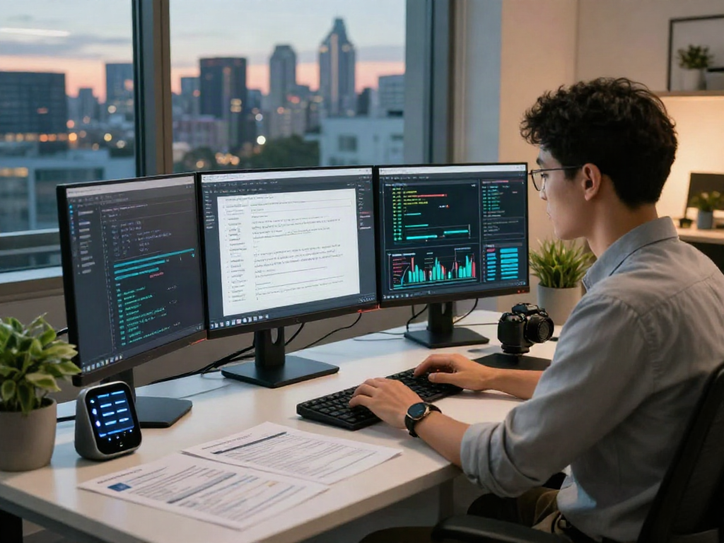 Analyst using document fraud detection software in a modern tech workspace.