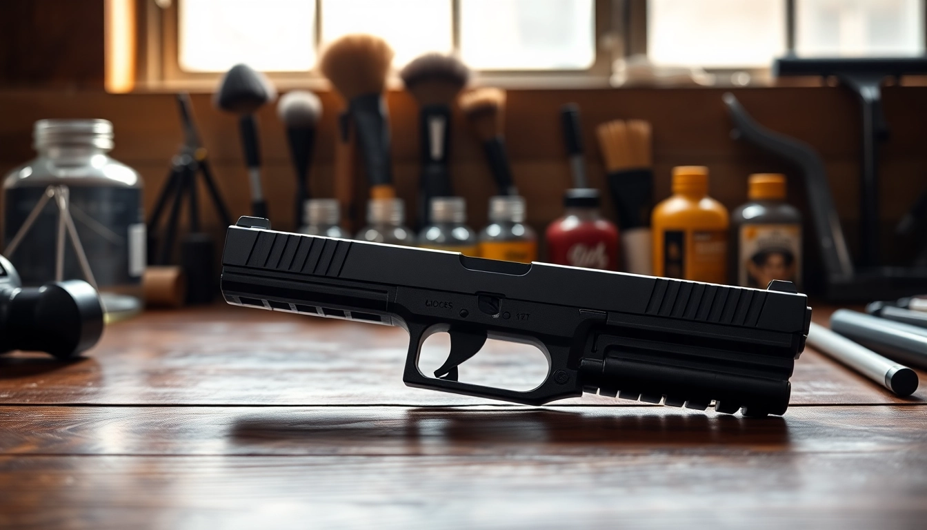 Showcase glock 17 mos slide on a wooden workshop table highlighting clean metallic surfaces and tools.