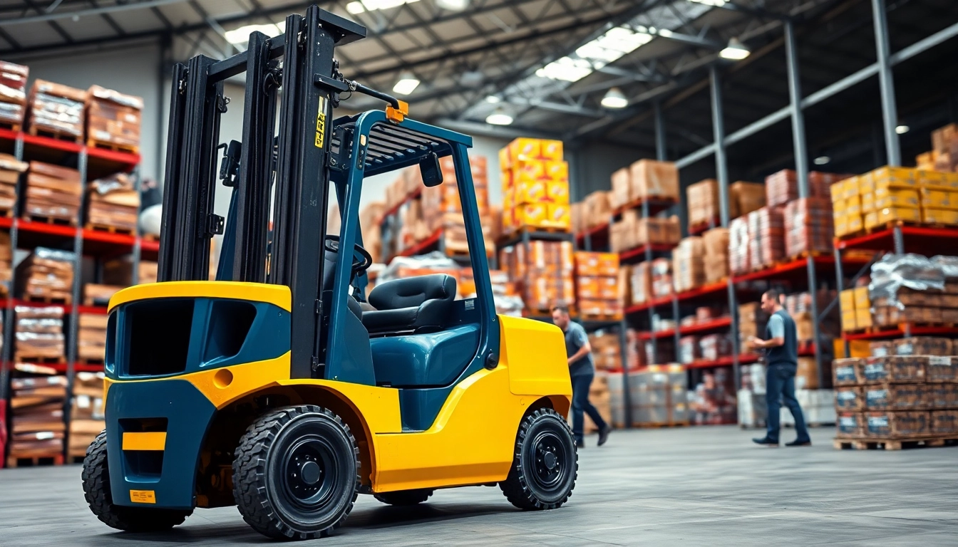 Forklift lifting materials in a vibrant warehouse setting showcasing its operational strength.