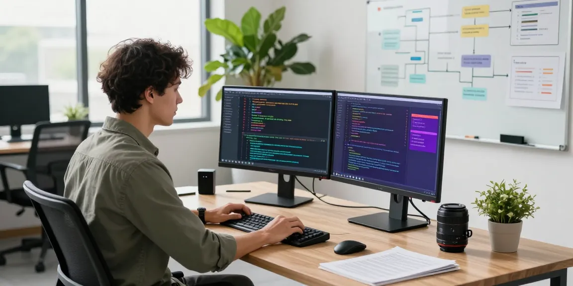 Innovative software development workspace showcasing coding and design elements, highlighting corluticaret.net's tech focus.