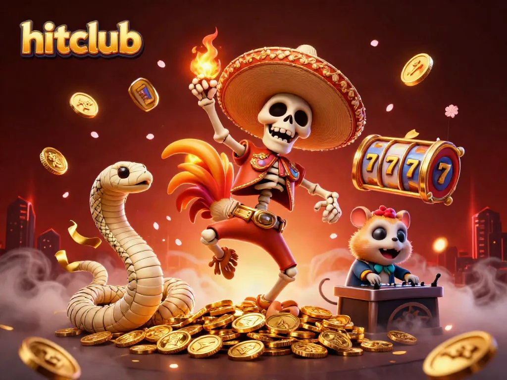 Experience the excitement of hitclub with vibrant slot reels and festive characters celebrating wins.