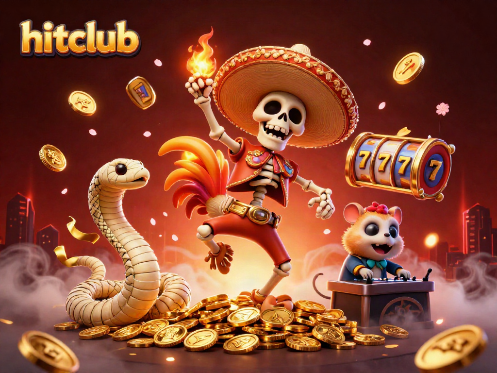 Experience the excitement of hitclub with vibrant slot reels and festive characters celebrating wins.