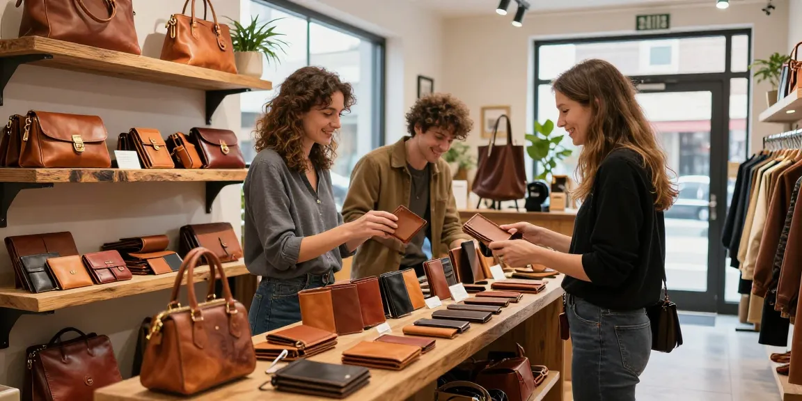 Shopper exploring stylish leather wallets and bags in a vibrant store space.