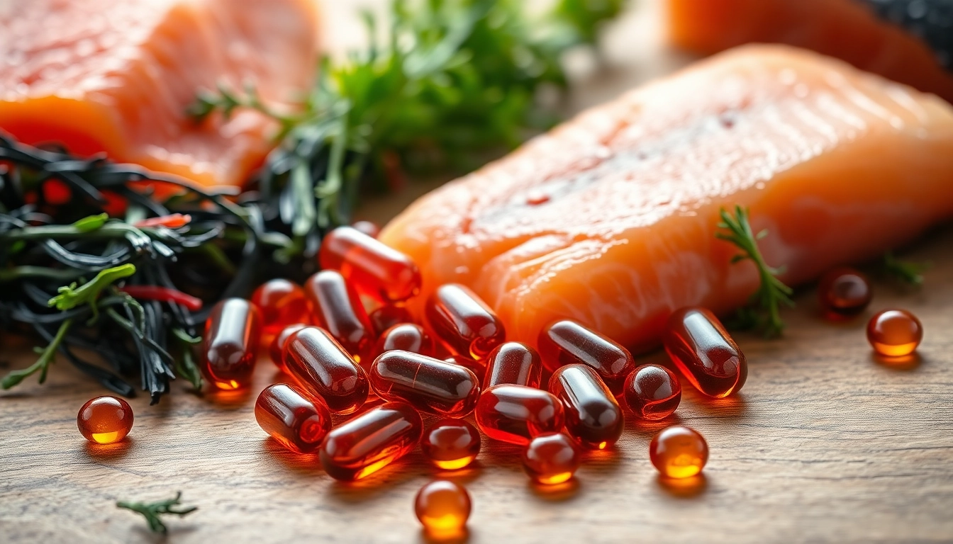 Enhance immune support with astaxanthin capsules surrounded by seaweed and salmon.