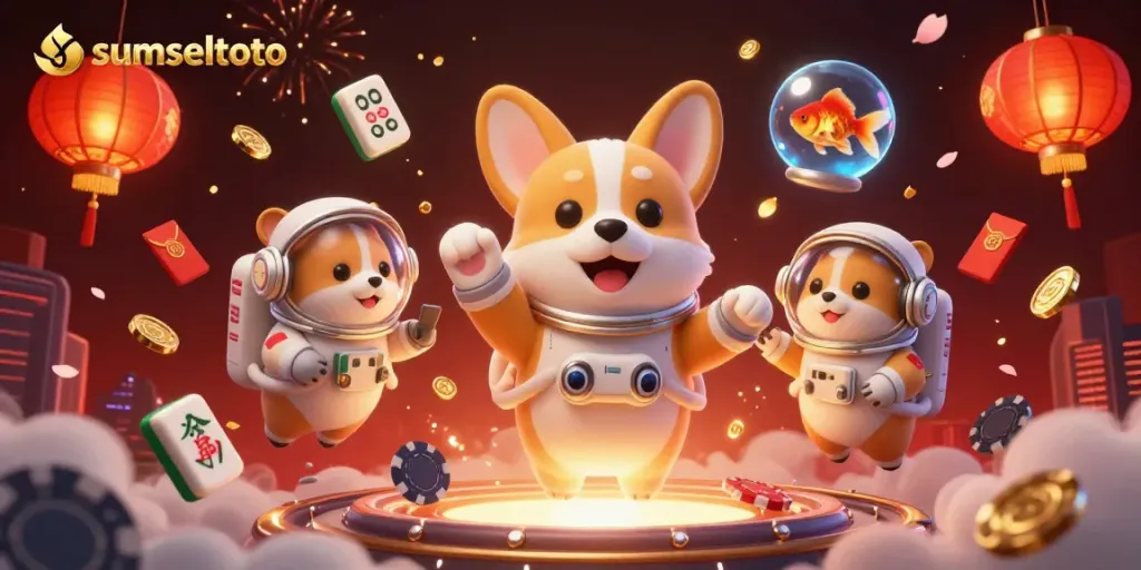 Spin the reels at sumseltoto's exciting casino with a playful astronaut and vibrant game elements.