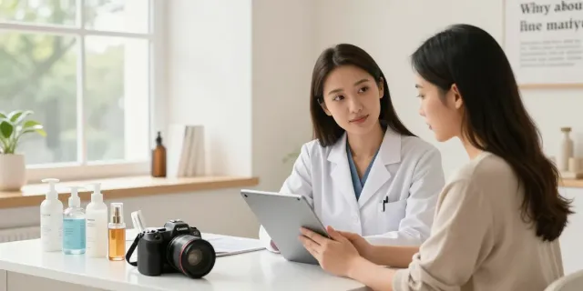 Beauty consultation scene showcasing Alternatives to QOVES with an aesthetic specialist analyzing facial features.