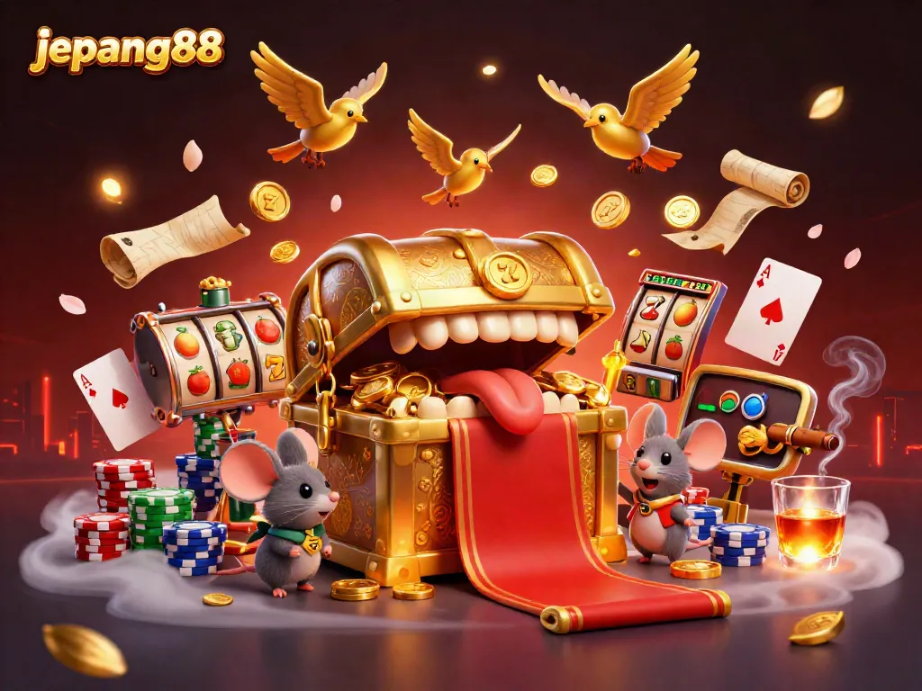 Engage with jepang88's thrilling slot experience, featuring a vibrant illustration of treasure chests and winning symbols.