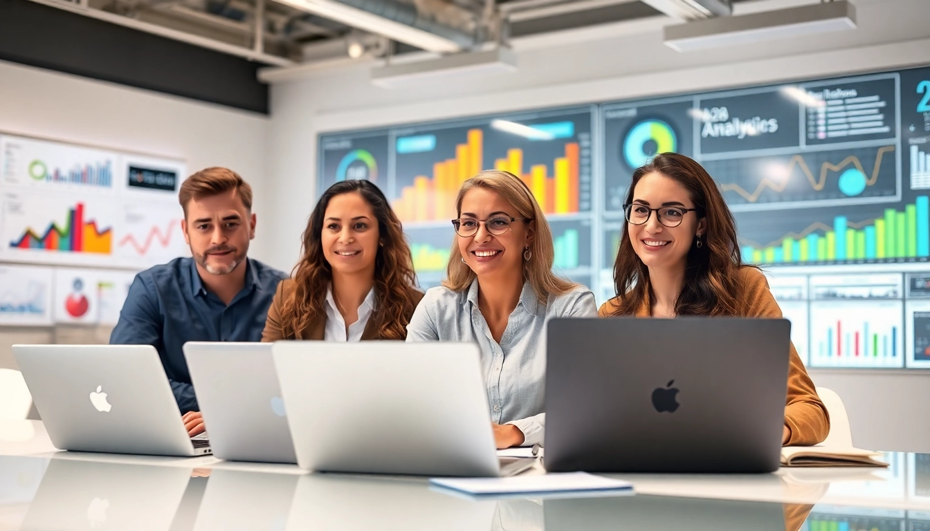 B2B mystery Shopping team analyzing data and conducting research in a modern office.