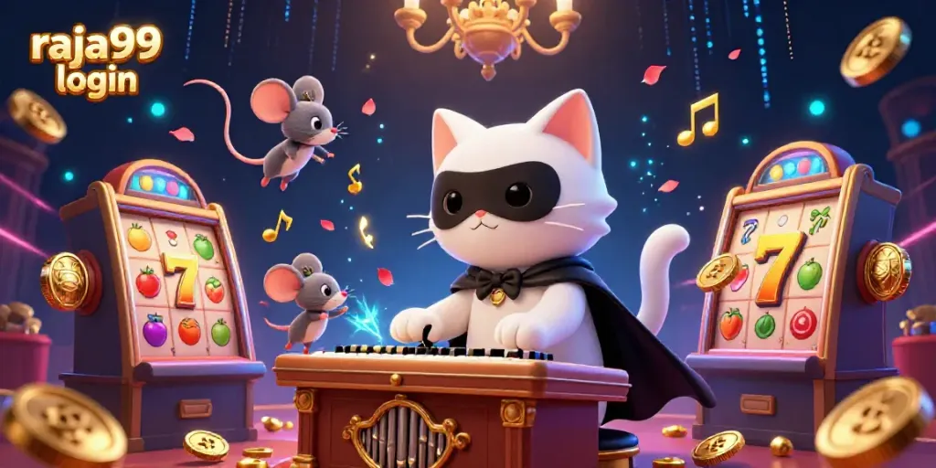 Engage in vibrant gaming with raja99 login featuring a phantom cat at a casino organ, surrounded by slot elements.