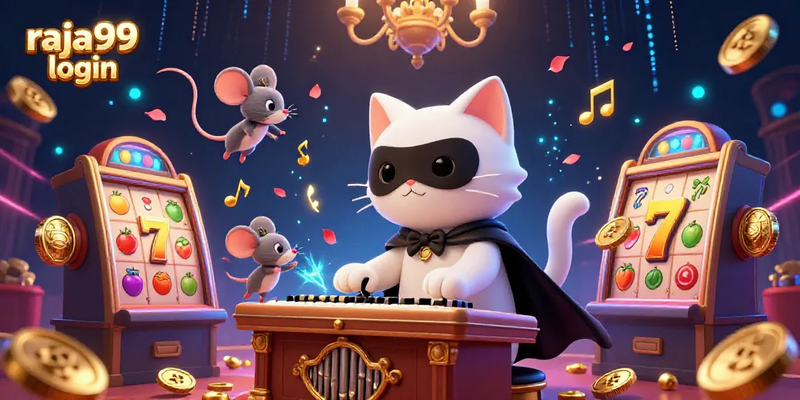 Engage in vibrant gaming with raja99 login featuring a phantom cat at a casino organ, surrounded by slot elements.