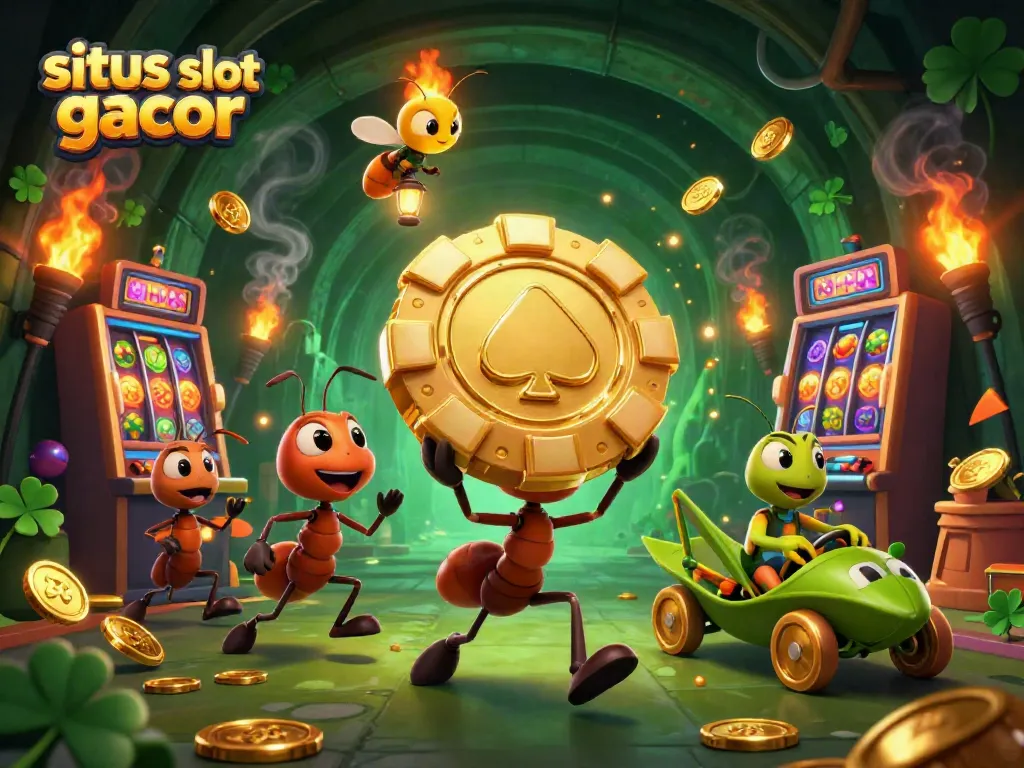 Situs slot gacor illustration featuring ants in a heist with slot reels and golden chips.