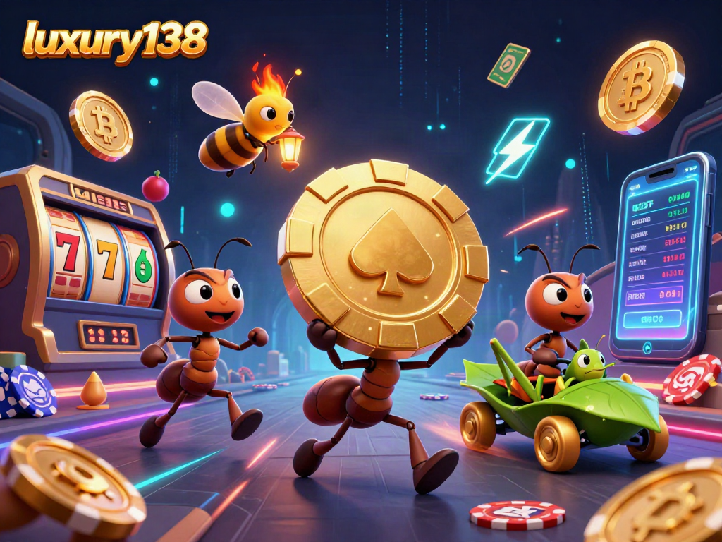 Luxury138 menghadirkan semangat judi dengan karakter semut membawa chip poker emas dalam ilustrasi 3D yang menarik.