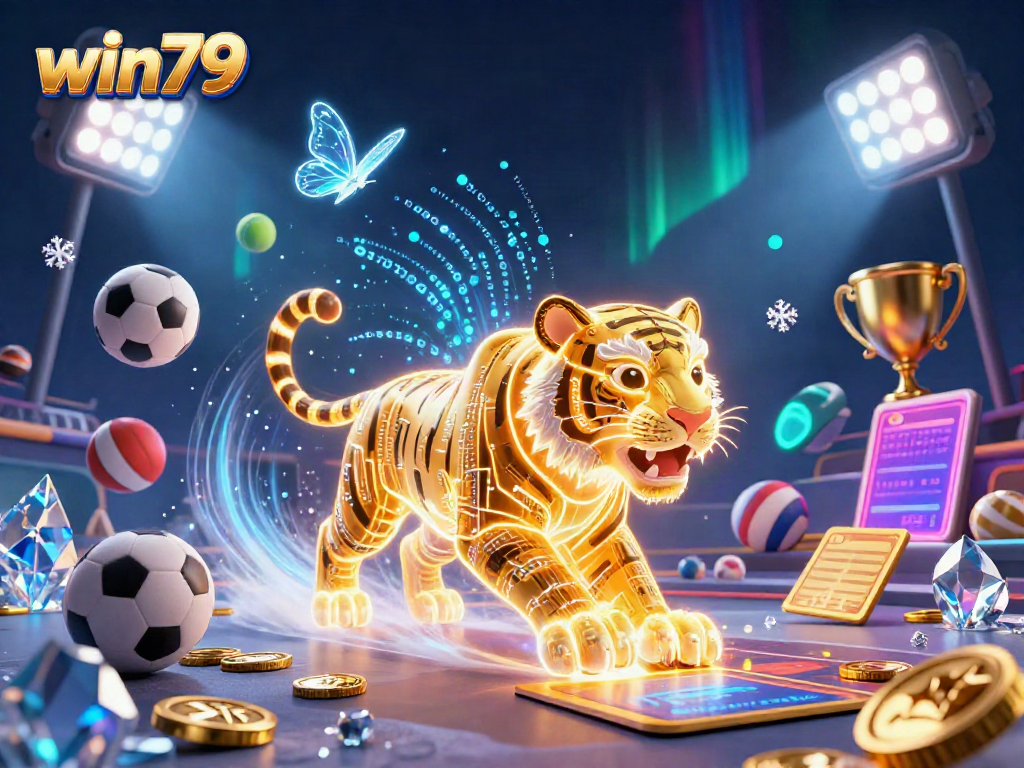 Experience the thrilling win79 casino world with a vibrant 3D golden tiger and dynamic game elements.