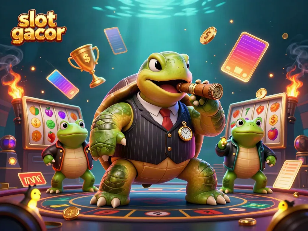 Ilustrasi kartu slot gacor dengan karakter penyu besar dan dua katak di kasino yang meriah.
