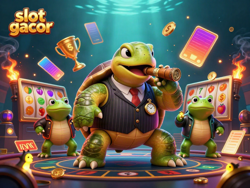 Ilustrasi kartu slot gacor dengan karakter penyu besar dan dua katak di kasino yang meriah.