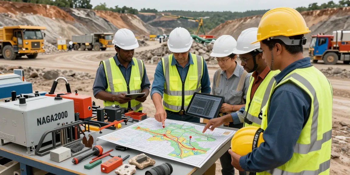 NAGA2000 equipment discussed by professionals at gold mining site, showcasing teamwork and innovation.