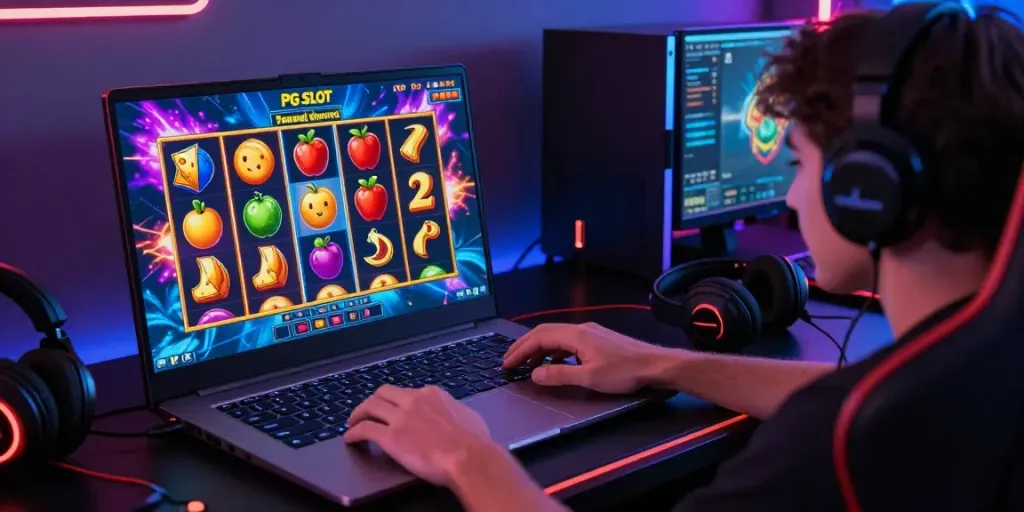 Exciting gaming scene featuring PG SLOT on a laptop with vibrant animations, cozy atmosphere.