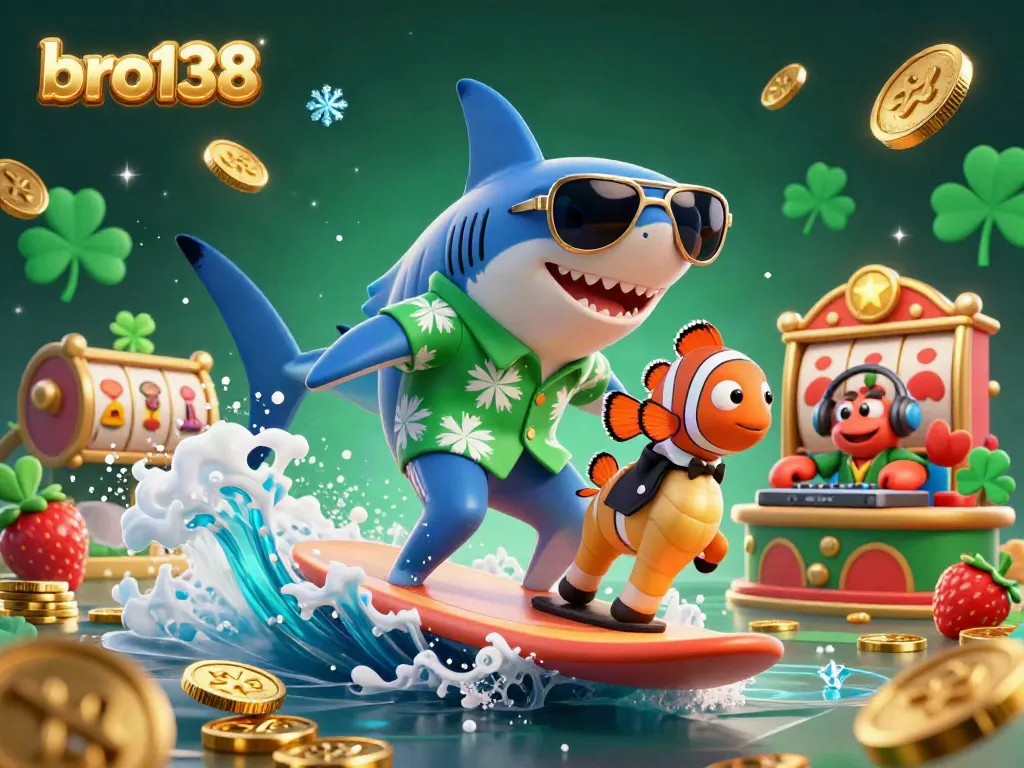 Experience casino thrills with bro138 as a hammer-head shark surfs on gold coins, featuring lively characters.