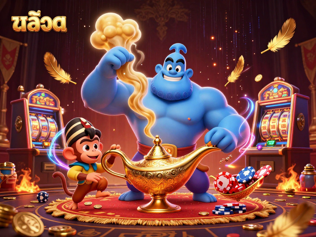 Engage in cinematic gambling excitement with สล็อต as a blue genie, monkey, and poker chips swirl in vibrant energy.