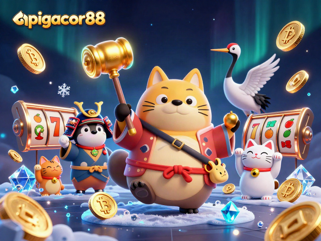 Join the excitement at apigacor88 with cheerful casino characters celebrating slots and crypto winnings.