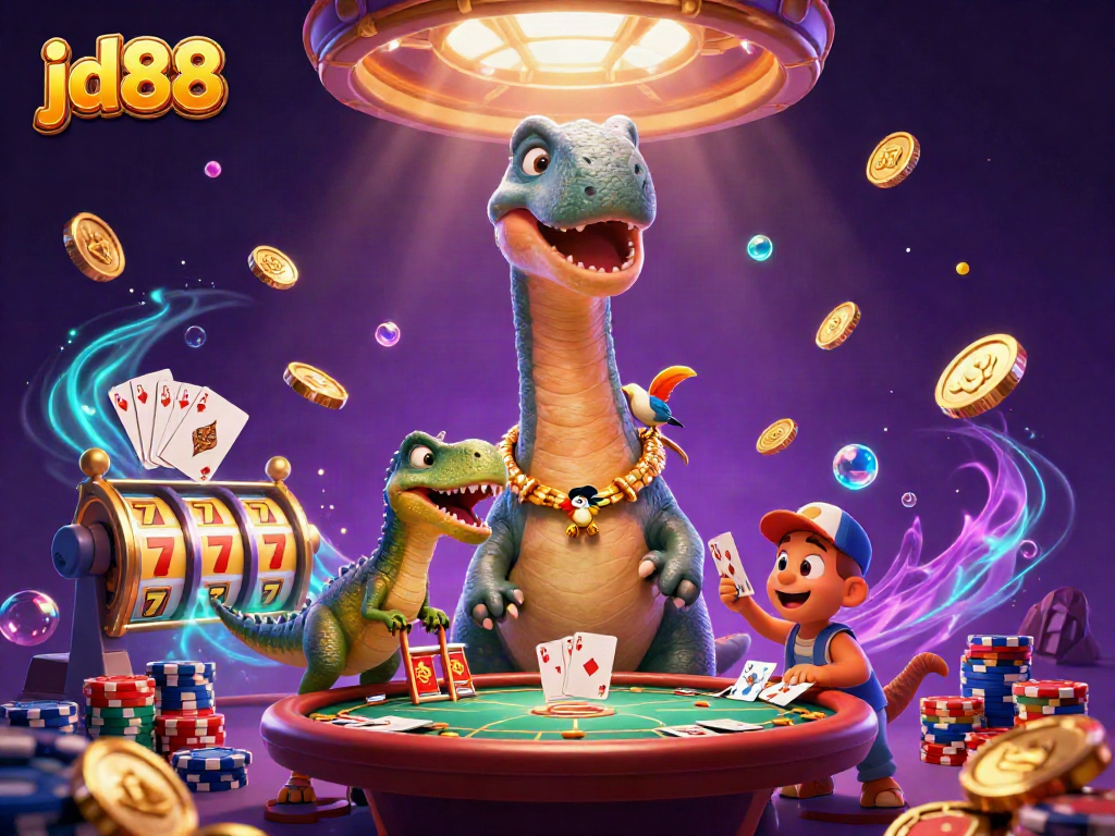 Engage in exciting slot action with jd88 as a giant brontosaurus towers above a poker table, surrounded by golden coins and vibrant game elements.