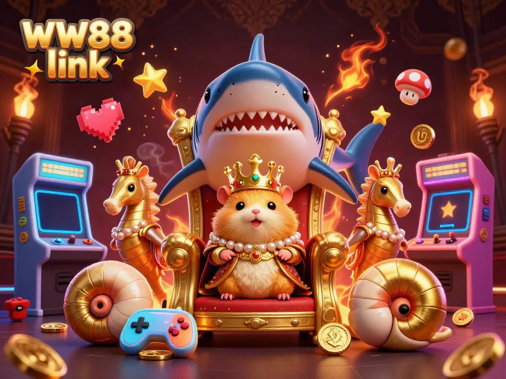 Engage with the thrilling WW88 link in a vibrant casino arena showcasing a golden hamster king and lavish game elements.