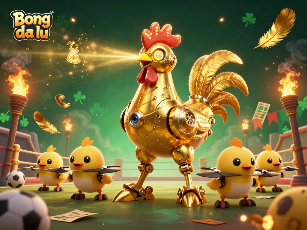 Bong da lu showcases a dynamic sports betting scene with a golden rooster robot and baby chick drones.
