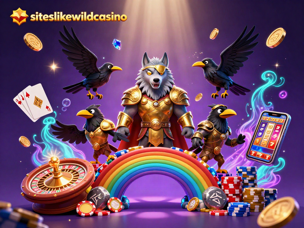 Engage with siteslikewildcasino featuring a legendary Odin wolf among casino elements and treasures.