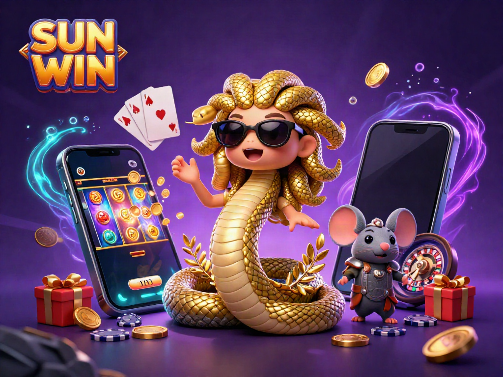 Engage in thrilling gameplay as SUN WIN features Medusa and a warrior mouse in a vibrant casino illustration.