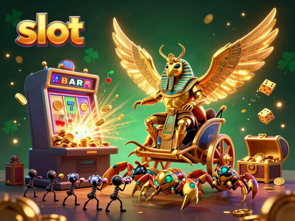 Experience thrilling slot gameplay with a vibrant scene featuring a colossal golden scarab, jackpot explosion, and colorful elements.