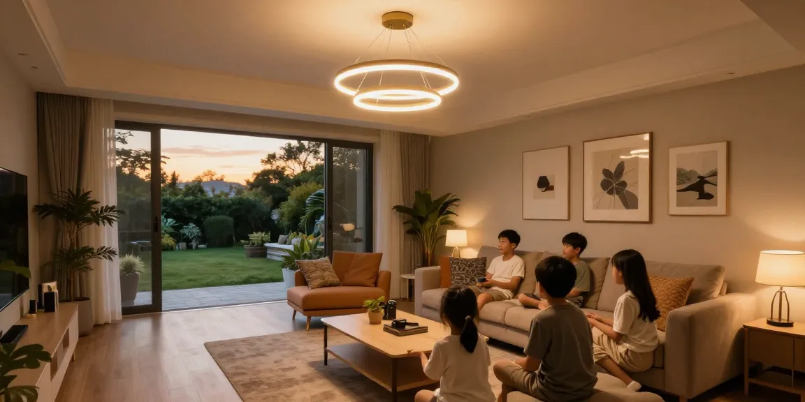 Lustra LED modernă care iluminează un living confortabil, creând o atmosferă primitoare.