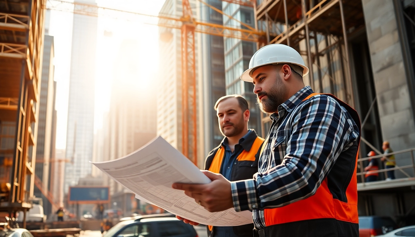 New York City Commercial General Contractor analyzing plans at a bustling construction site in NYC.