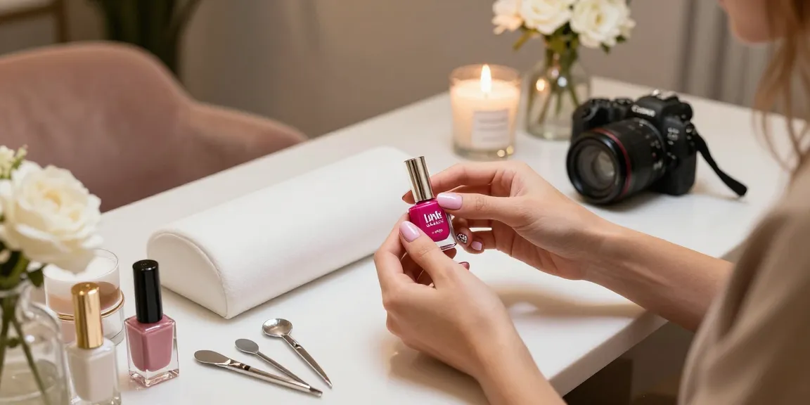 Manikur tangan dengan Link LUXURY12 di salon mewah, suasana santai dan alat profesional.