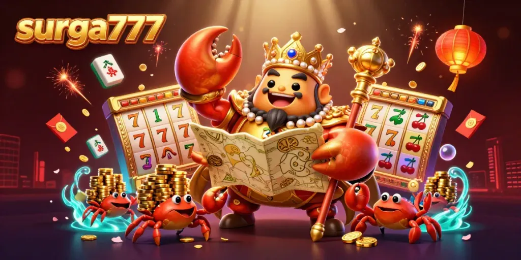 Spin to win with surga777's vibrant slots and rewards in a lively, animated casino scene.
