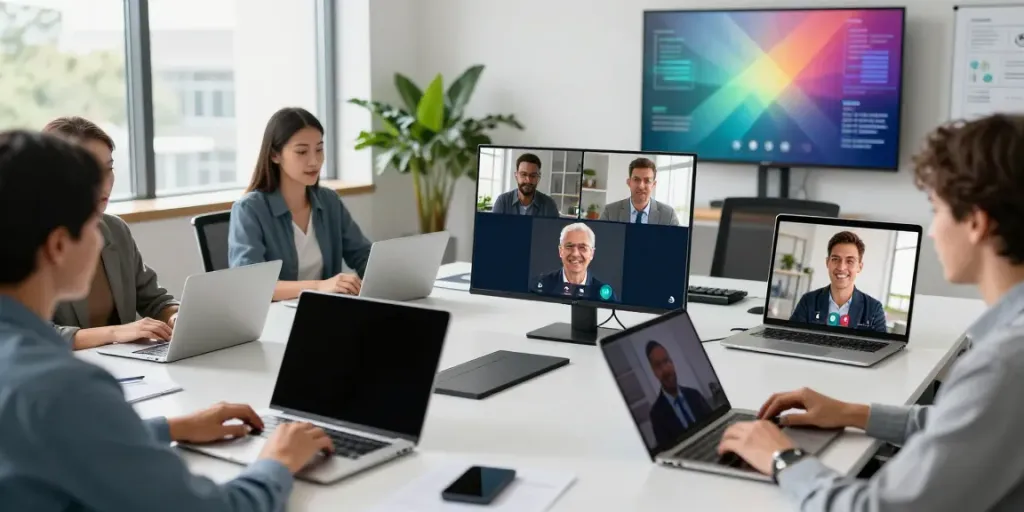 Deepfake protected Online Video Calls, Meetings and Conferencing with diverse team collaborating in a modern conference room.