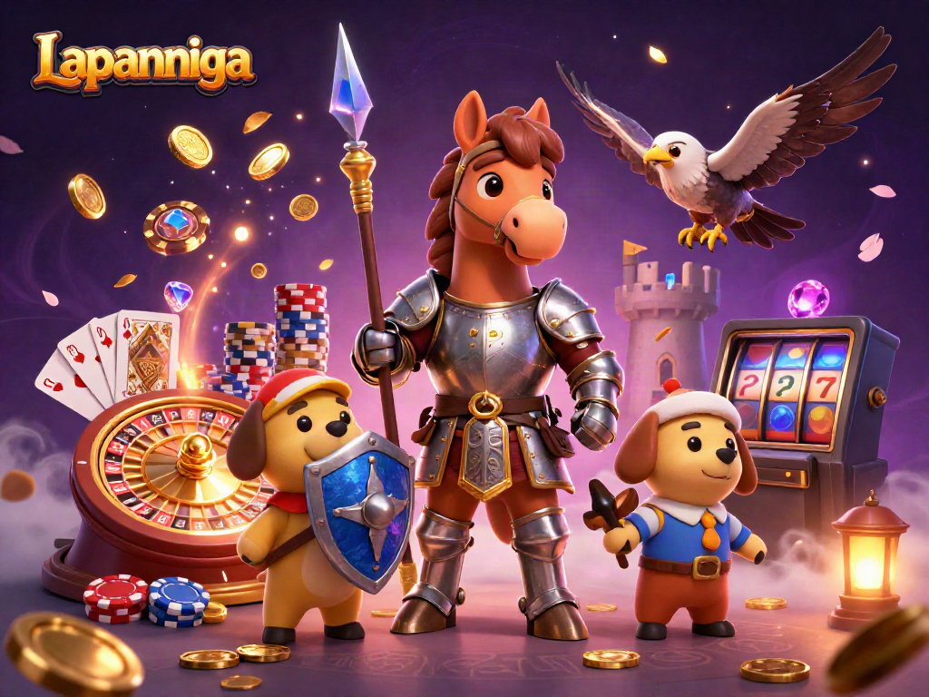 Experience the thrill of Lapannaga with a playful knight, puppy, and falcon in a vibrant 3D casino scene.