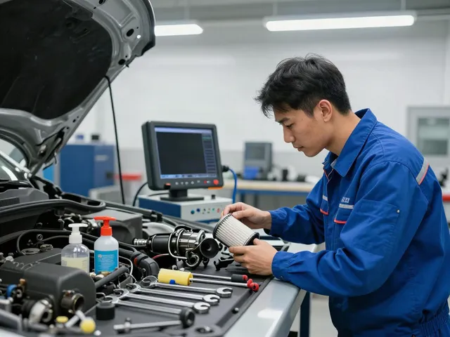 Professioneller Mechaniker bei der DPF Reinigung in einer gut beleuchteten Werkstatt.