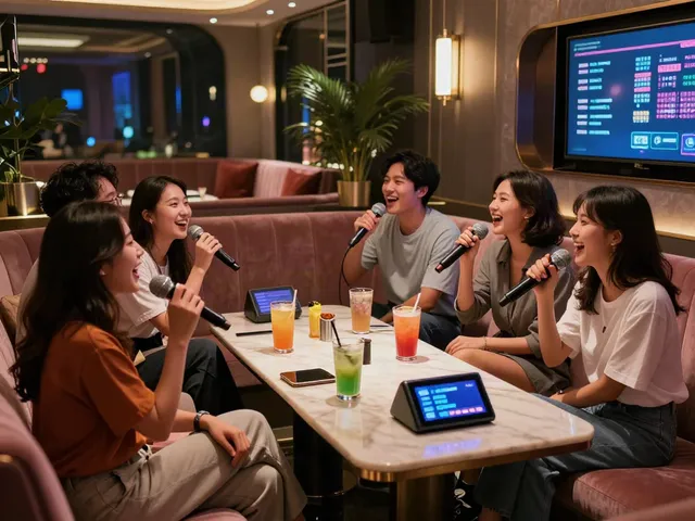 강남 달토의 고급스러운 노래방에서 친구들과 함께 노래를 부르는 모습