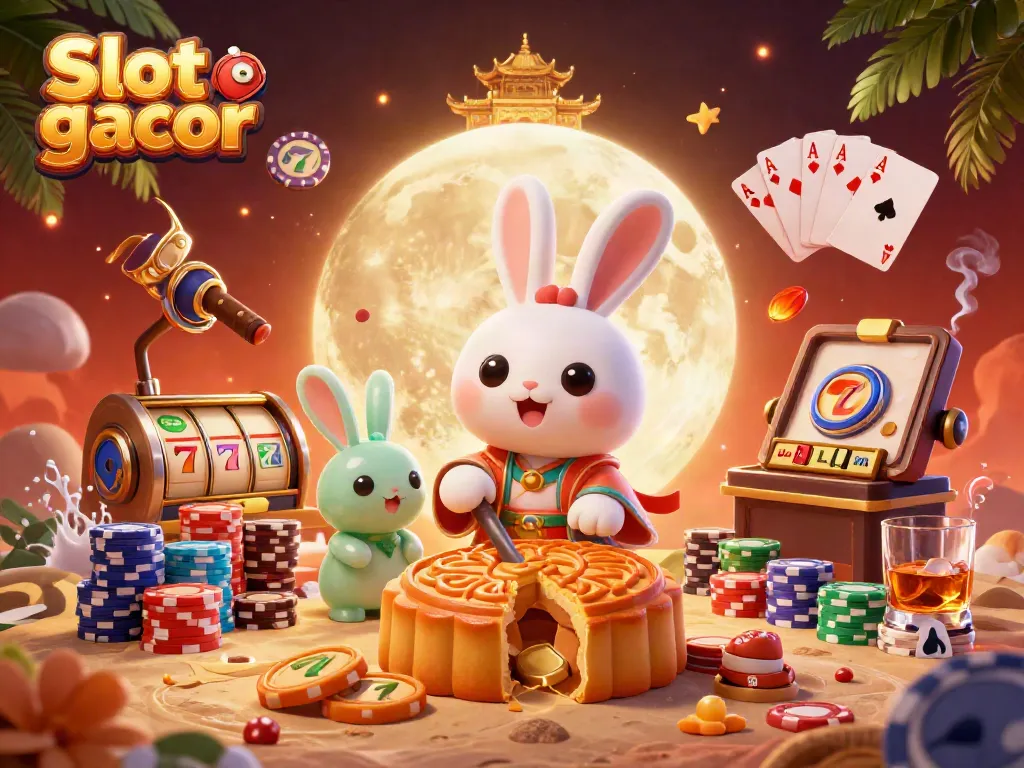 Experience Slot gacor action with a mystical moon rabbit scene featuring poker chips and slot reels
