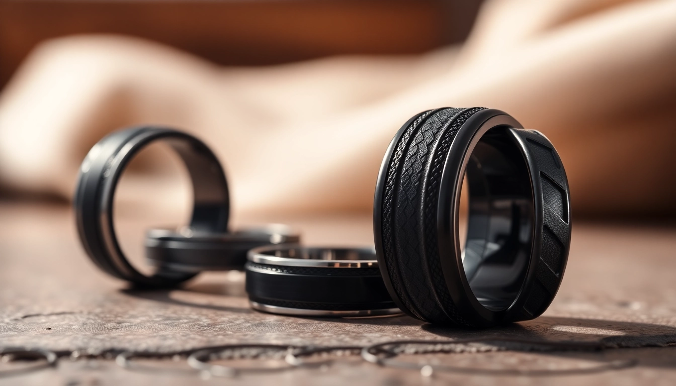 Showcase of dark mens wedding bands highlighting unique designs and textures.