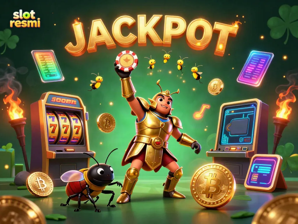 Experience the thrill of slot resmi with vibrant characters celebrating jackpots amidst crypto elements.