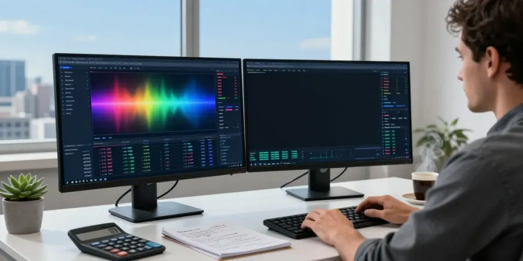 Trader utilizing MetaTrader 5 in a sleek modern office with Forex charts.