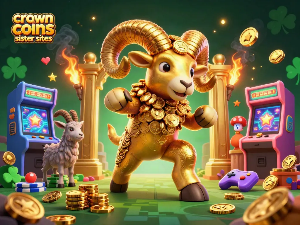 Crown coins sister sites showcase a vibrant casino scene featuring a golden ram and arcade machines.