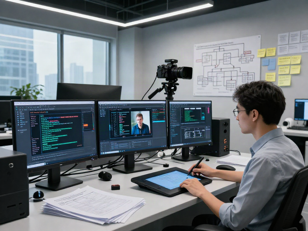 Data analyst utilizing AI Image Detection tools in a modern forensic lab with high-tech equipment.