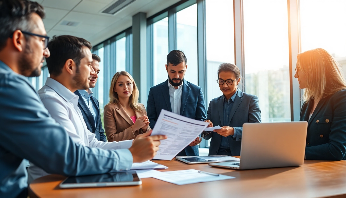A diverse team reviewing pre-post award compliance documents in a modern office.