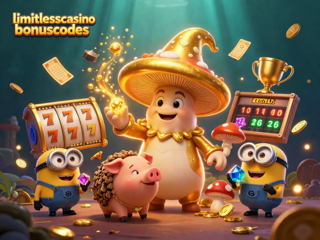 Engage with limitlesscasinobonuscodes in this vibrant 3D casino-themed illustration featuring a magical golden mushroom wizard.