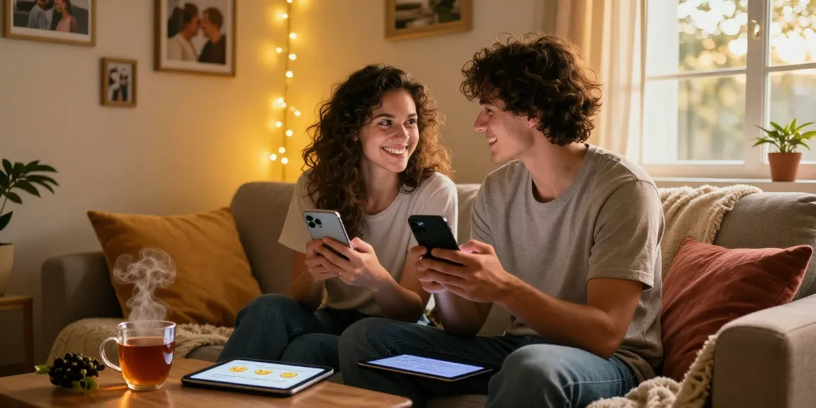Couple enjoying ai sexting on smartphones in cozy living room.