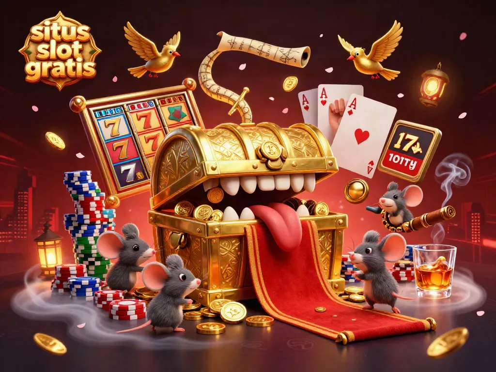 Experience the thrill of situs slot gratis with a vibrant treasure chest and gaming elements in this dynamic illustration.