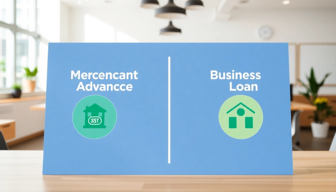 Visual representation comparing merchant cash advance vs business loan benefits and features.